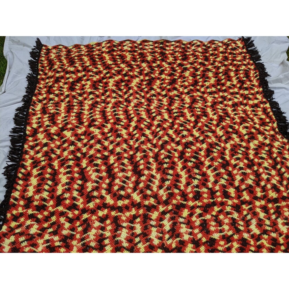 Chevron Ripple Afghan Blanket Throw Handmade Crochet Brown  Orange Yellow 72 x64